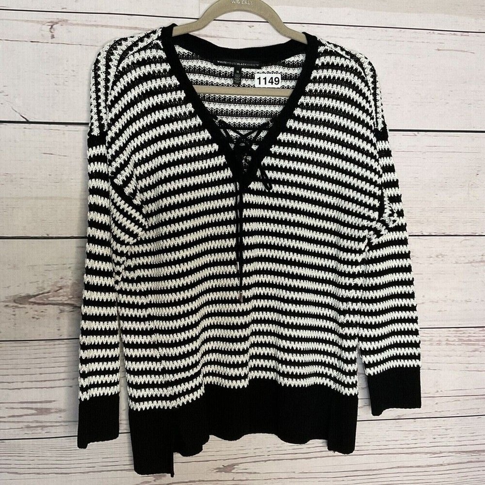 White House Black Market Striped Knit Lace-Up V-Neck Sweater Women‎ M China